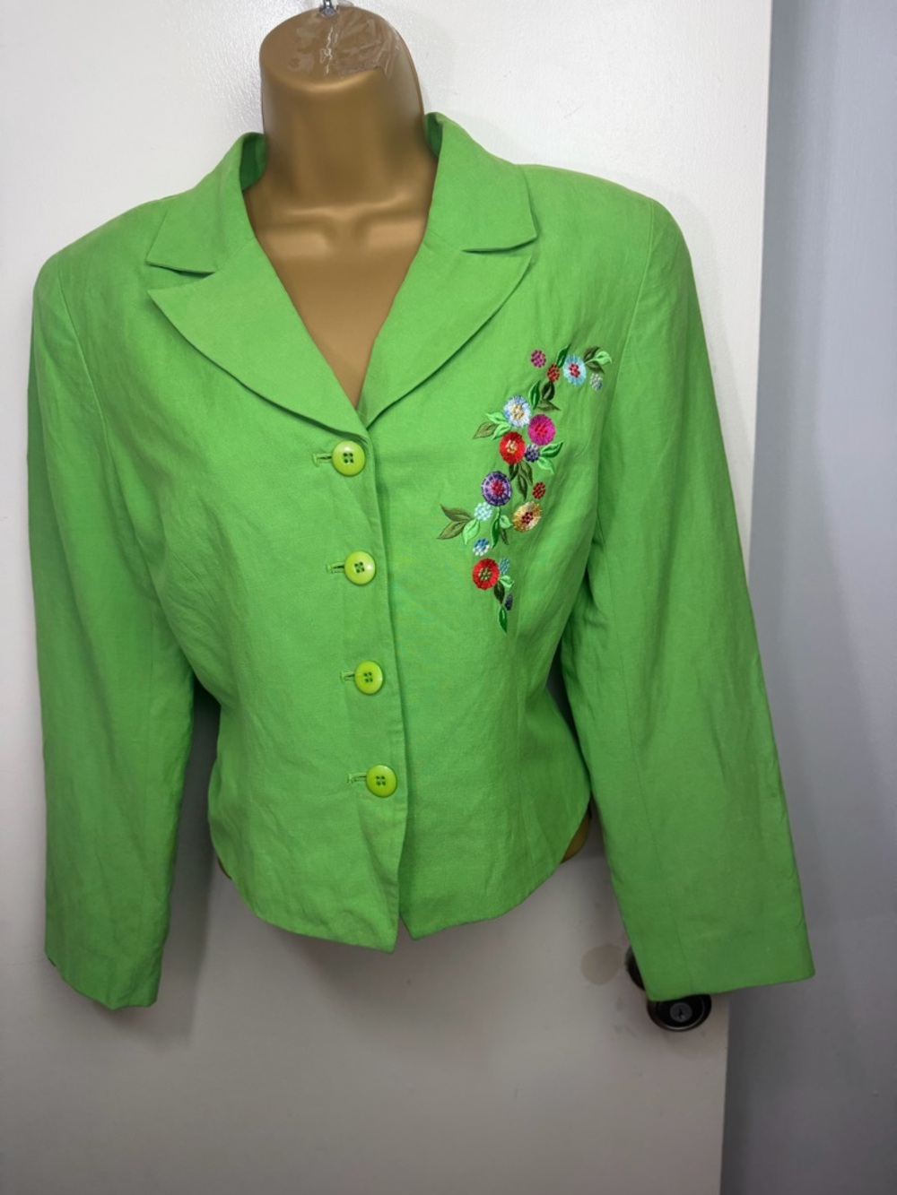 City Silk Green Vintage Floral Embroidery Silk Linen SlightlyCropped Blazer 6